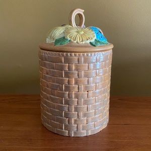 Vintage Canister Basket Cookie Jar 7.75” fruit weave basket farmhouse decor